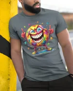 Colorful Smiley Face Starburst T-shirt - model leaning on yellow-black pole, wearing Gray T-shirt, hand in pocket
