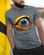 Abstract Color Splash Eye Art T-shirt - model leaning on yellow-black pole, wearing Gray T-shirt, hand in pocket