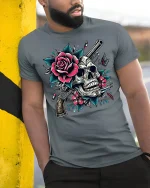 Skull and Rose Gun Tee - model leaning on yellow-black pole, wearing Gray T-shirt, hand in pocket