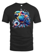 Tropical Parrot Floral Art T-Shirt - black t-shirt on white background