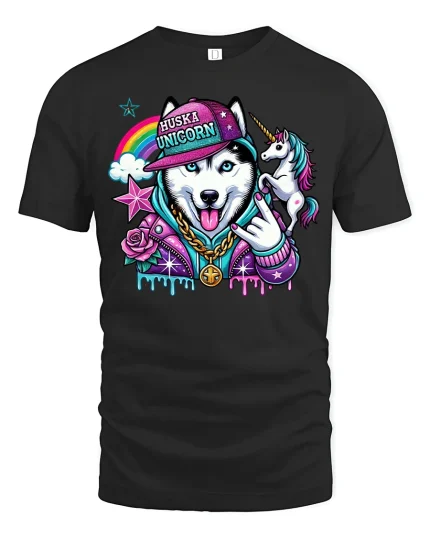 Husky Unicorn Rainbow Hip Hop T-Shirt - black t-shirt on white background