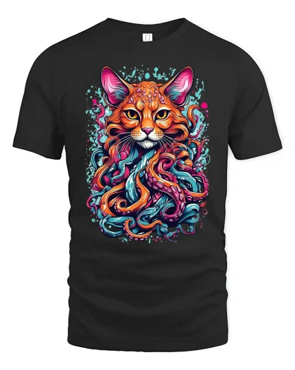 Octo Cat Fantasy Graphic T-Shirt - black t-shirt on white background