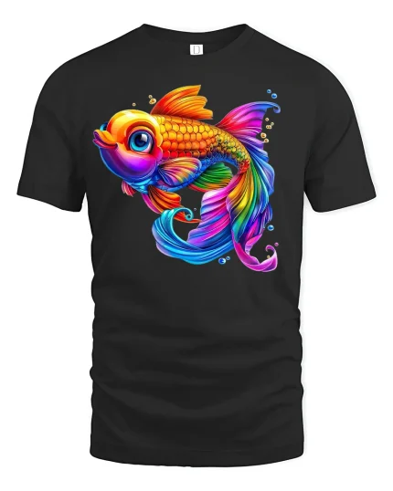 Vibrant Rainbow Goldfish T-Shirt - black t-shirt on white background