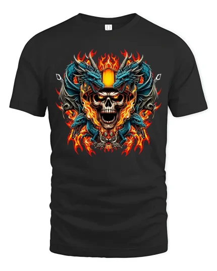 Inferno Skull Dragon Battle T-Shirt - black t-shirt on white background