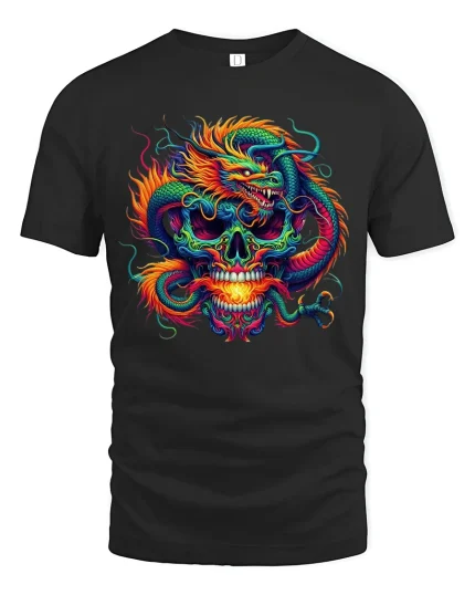 Neon Dragon Skull Fire T-Shirt - black t-shirt on white background