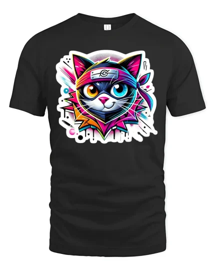 Neon Ninja Cat Warrior T-Shirt - black t-shirt on white background