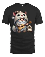 Cute Cat Gnome Guitar T-Shirt - black t-shirt on white background