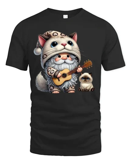 Cute Cat Gnome Guitar T-Shirt - black t-shirt on white background