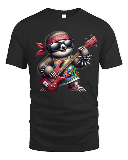 Rock Sloth Guitarist Funny Cartoon T-Shirt - black t-shirt on white background