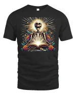 Skeleton Sacred Book Radiant T-Shirt - black t-shirt on white background