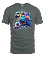 Tropical Parrot Floral Art T-Shirt - gray t-shirt on white background