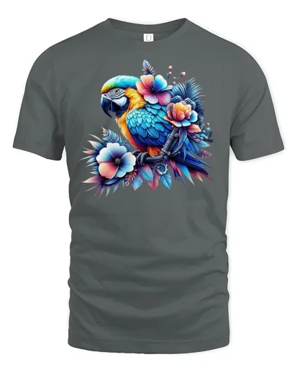 Tropical Parrot Floral Art T-Shirt - gray t-shirt on white background