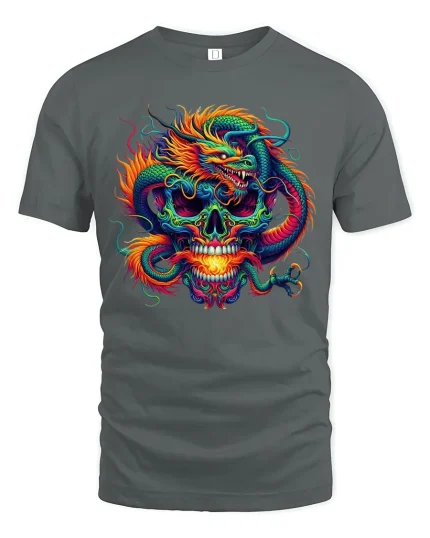 Neon Dragon Skull Fire T-Shirt - gray t-shirt on white background