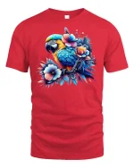 Tropical Parrot Floral Art T-Shirt - red t-shirt on white background