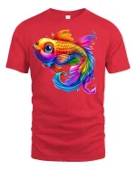 Vibrant Rainbow Goldfish T-Shirt - red t-shirt on white background