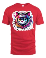 Neon Ninja Cat Warrior T-Shirt - red t-shirt on white background