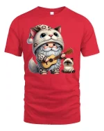 Cute Cat Gnome Guitar T-Shirt - red t-shirt on white background
