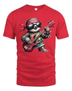 Rock Sloth Guitarist Funny Cartoon T-Shirt - red t-shirt on white background