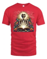 Skeleton Sacred Book Radiant T-Shirt - red t-shirt on white background