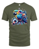 Tropical Parrot Floral Art T-Shirt - military green t-shirt on white background