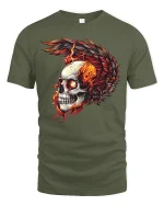 Flaming Skull Winged Fire Gothic T-Shirt - military green t-shirt on white background