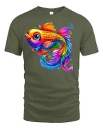 Vibrant Rainbow Goldfish T-Shirt - military green t-shirt on white background