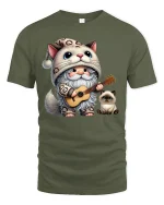 Cute Cat Gnome Guitar T-Shirt - military green t-shirt on white background