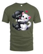 Cute Puppy and Kitten Hug T-Shirt - military green t-shirt on white background