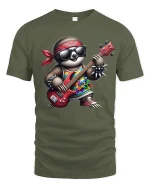 Rock Sloth Guitarist Funny Cartoon T-Shirt - military green t-shirt on white background