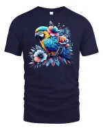 Tropical Parrot Floral Art T-Shirt - navy t-shirt on white background