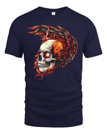 Flaming Skull Winged Fire Gothic T-Shirt - navy t-shirt on white background