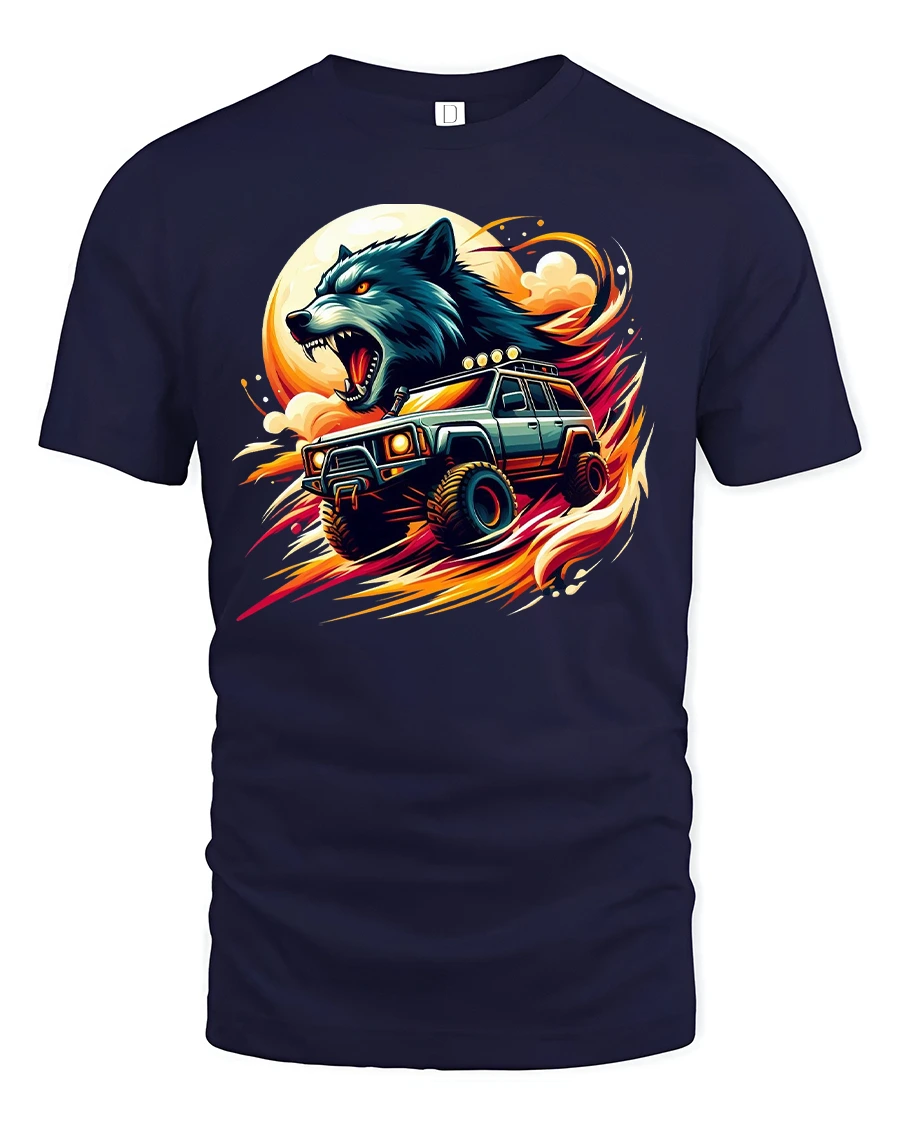 Wolf Power Off-Road Truck Fire Ride T-Shirt - 1 Wolf Power Off-Road Truck Fire Ride T-Shirt - navy t-shirt on white background