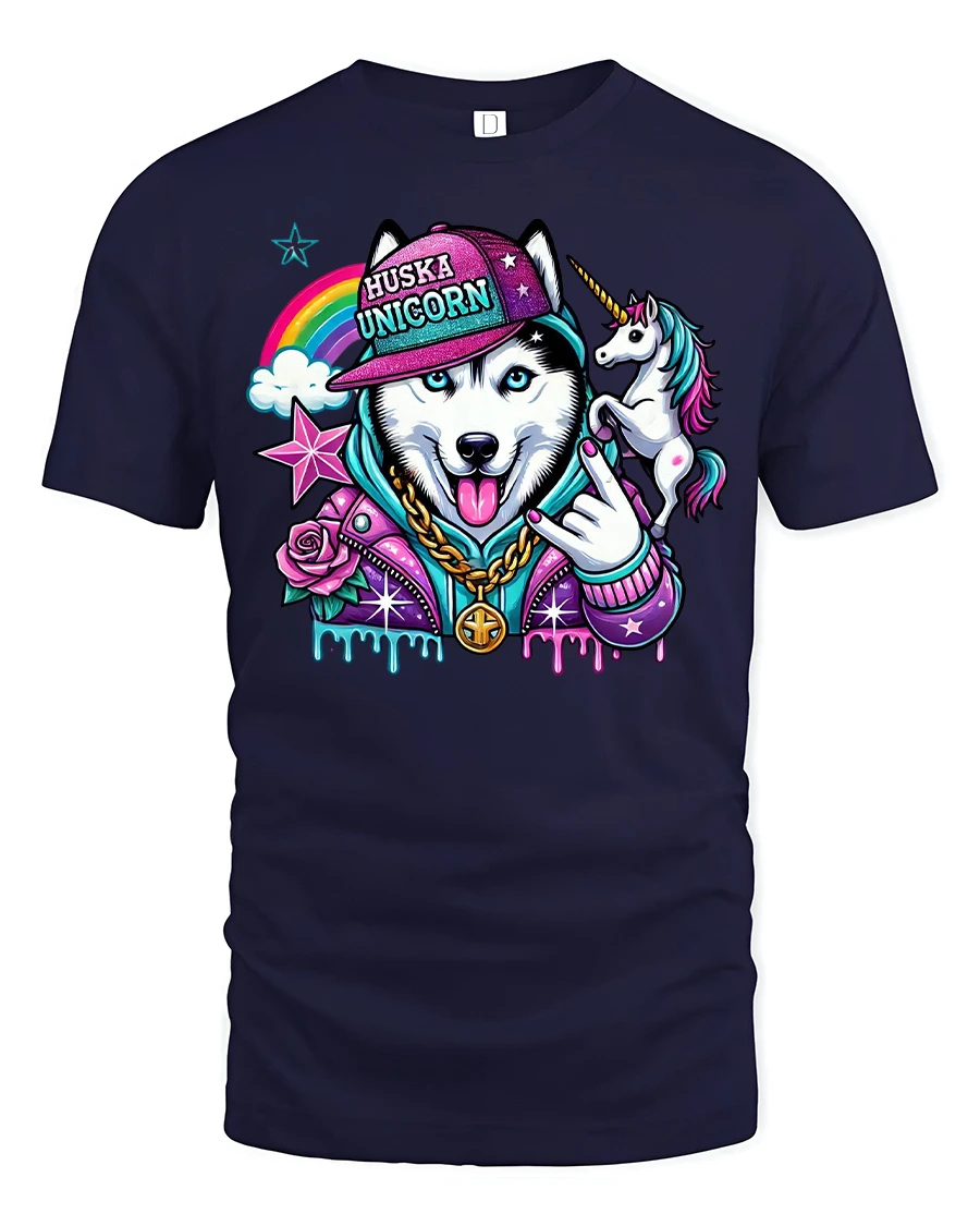 Husky Unicorn Rainbow Hip Hop T-Shirt - 1 Husky Unicorn Rainbow Hip Hop T-Shirt - navy t-shirt on white background