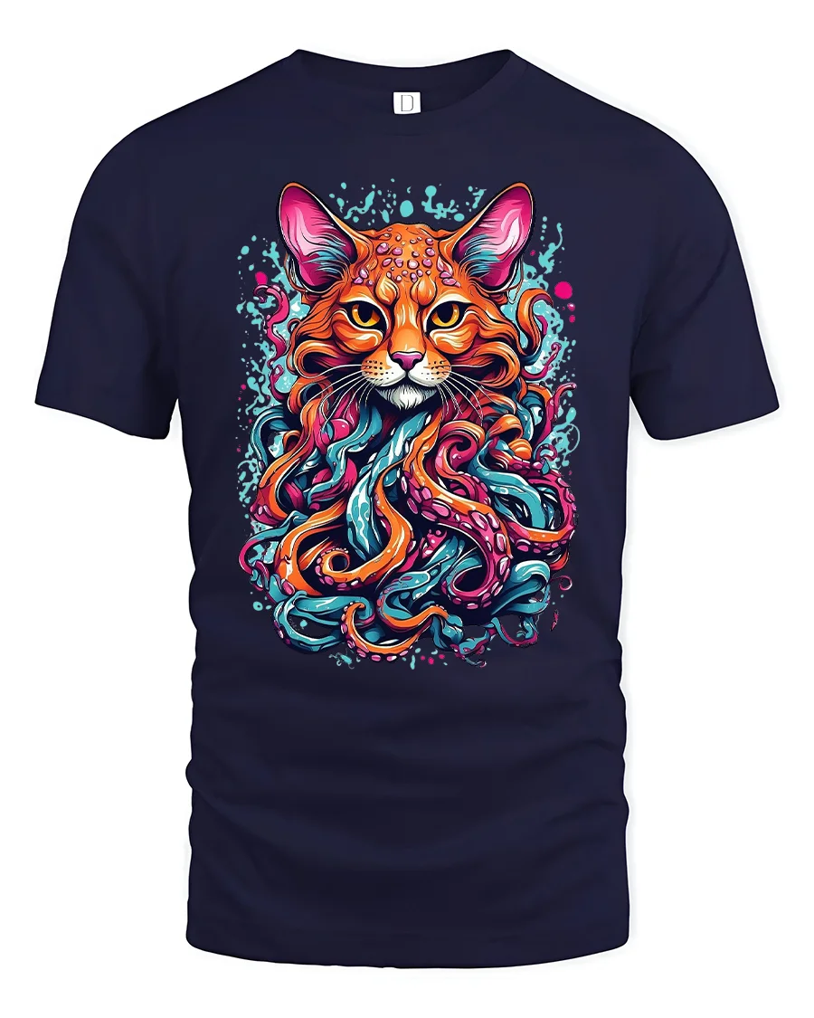 Octo Cat Fantasy Graphic T-Shirt - 1 Octo Cat Fantasy Graphic T-Shirt - navy t-shirt on white background