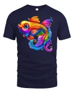 Vibrant Rainbow Goldfish T-Shirt - navy t-shirt on white background