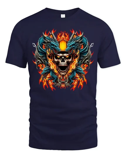 Inferno Skull Dragon Battle T-Shirt - navy t-shirt on white background