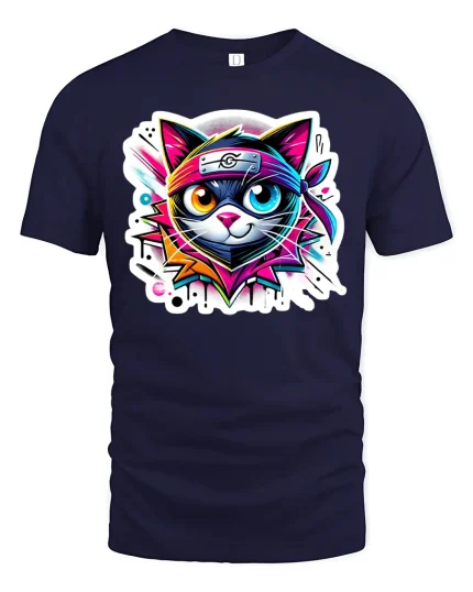 Neon Ninja Cat Warrior T-Shirt - navy t-shirt on white background