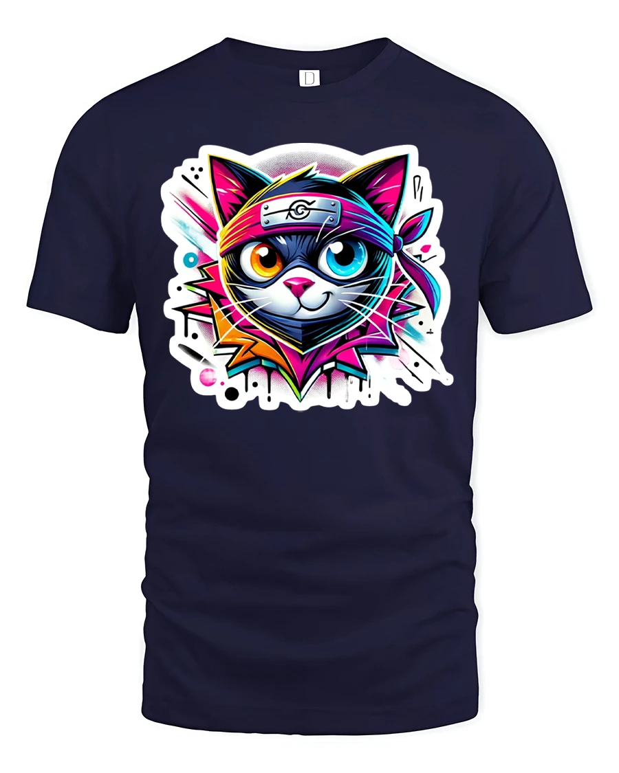 Neon Ninja Cat Warrior T-Shirt - 1 Neon Ninja Cat Warrior T-Shirt - navy t-shirt on white background