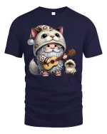 Cute Cat Gnome Guitar T-Shirt - navy t-shirt on white background