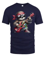 Rock Sloth Guitarist Funny Cartoon T-Shirt - navy t-shirt on white background