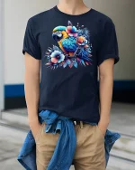 Tropical Parrot Floral Art T-Shirt - model wearing Navy T-shirt, hands in pockets, denim shirt at waist