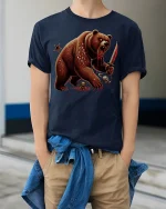Savage Bear Warrior Blood Blade T-Shirt - model wearing Navy T-shirt, hands in pockets, denim shirt at waist