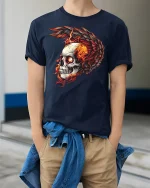 Flaming Skull Winged Fire Gothic T-Shirt - model wearing Navy T-shirt, hands in pockets, denim shirt at waist