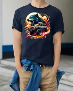 Wolf Power Off-Road Truck Fire Ride T-Shirt - model wearing Navy T-shirt, hands in pockets, denim shirt at waist