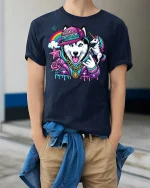 Husky Unicorn Rainbow Hip Hop T-Shirt - model wearing Navy T-shirt, hands in pockets, denim shirt at waist
