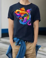 Vibrant Rainbow Goldfish T-Shirt - model wearing Navy T-shirt, hands in pockets, denim shirt at waist