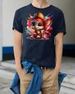 Cute Pirate Mouse Adventure T-Shirt - model wearing Navy T-shirt, hands in pockets, denim shirt at waist