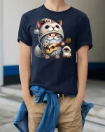 Cute Cat Gnome Guitar T-Shirt - model wearing Navy T-shirt, hands in pockets, denim shirt at waist