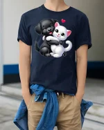 Cute Puppy and Kitten Hug T-Shirt - model wearing Navy T-shirt, hands in pockets, denim shirt at waist