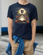 Skeleton Sacred Book Radiant T-Shirt - model wearing Navy T-shirt, hands in pockets, denim shirt at waist